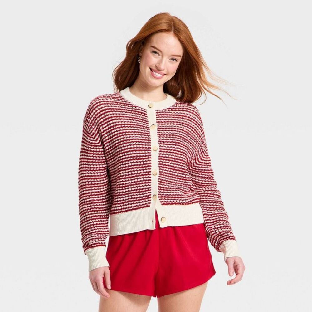 Women's Valentine's Day Cardigan Sweater - Universal Thread Red Striped XL